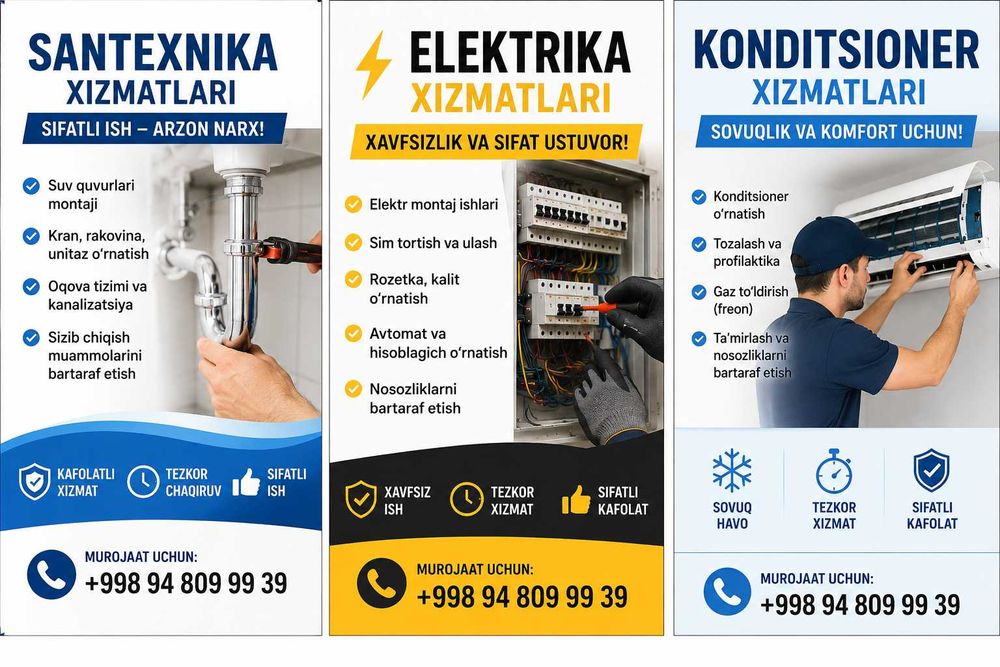 Santexnika | Elektrika | Konditsioner o‘rnatish va ta’mirlash