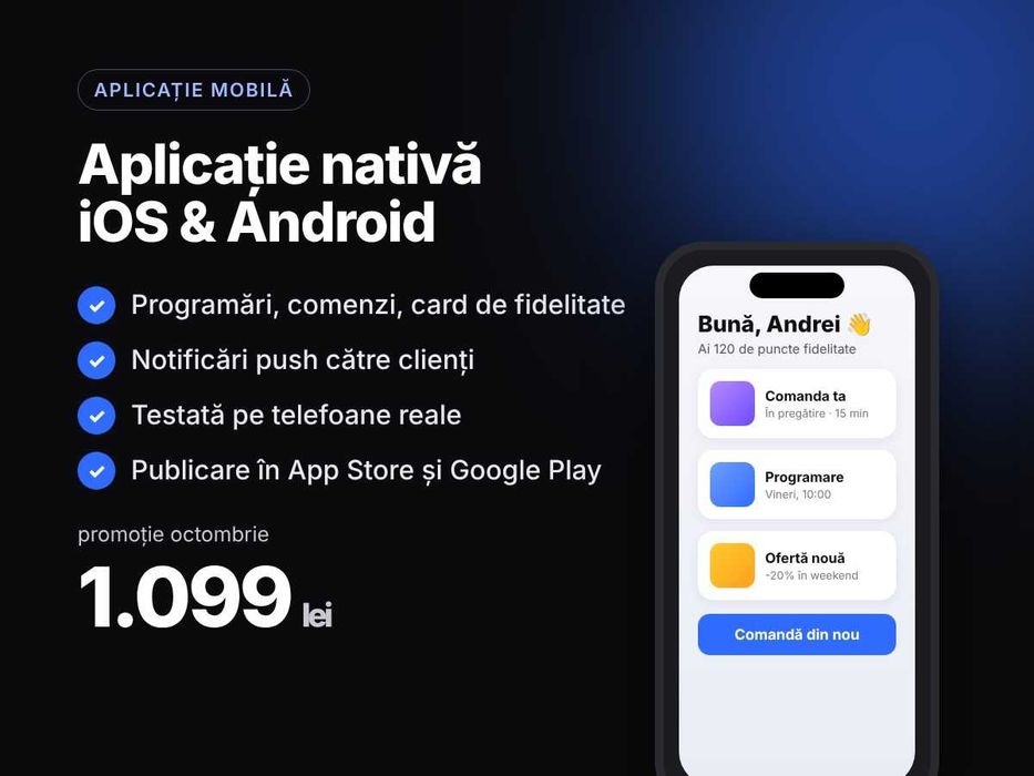Creare site de prezentare 399 lei și aplicații iOS/Android