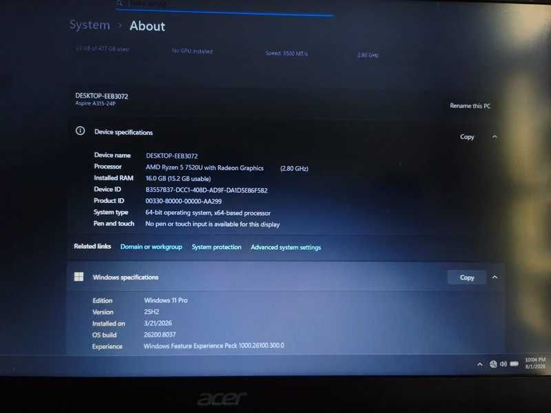 Laptop Acer Aspire 3 (15.6" Full HD) - AMD Ryzen 5 7520U, 16GB RAM, 512GB SSD, Windows 11 Pro