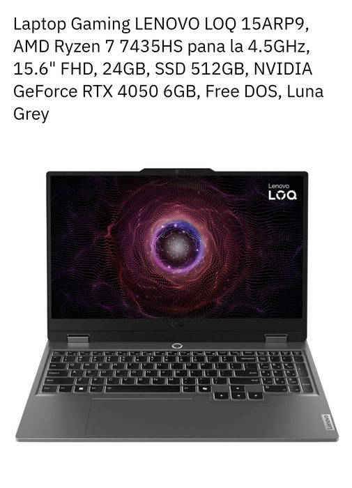 Vând Laptop gaming Lenovo 15ARP9,Ryzen 7 7435 HS ,24 Gb,512 Gb SSD,RTX 4050
