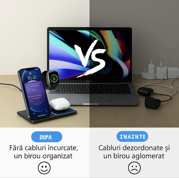 Incarcator wirless 3 in 1, suport wirless masina telefon, huse telefon