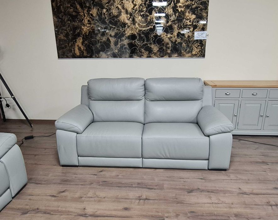 Италиански сив кожен комплект дивани две тройки с ел. релакс механизъм