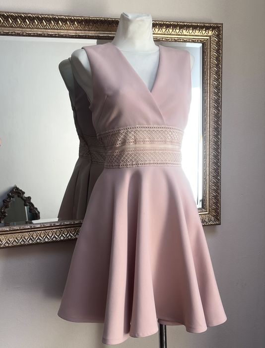 Maje, rochie elegantă, roz pudrat, dantelă talie