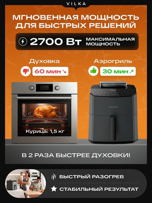 Аэрогриль Vilka Steam AC170, с паром, 7л, 2700 Вт, 9 программ, черный