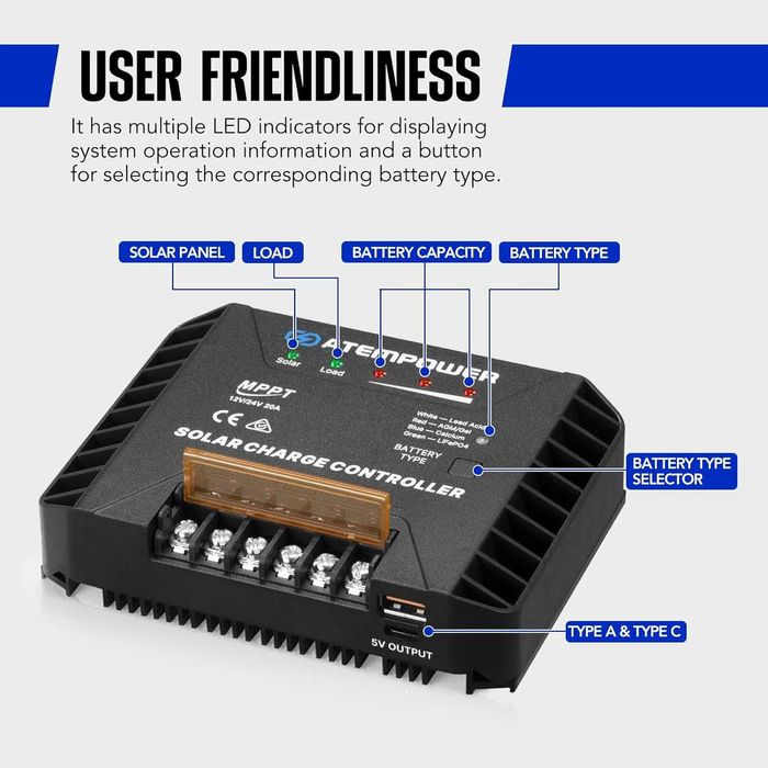 Controller Solar MPPT ATEM POWER 20A - 12V/24V - LiFePO4/AGM/Gel - Nou