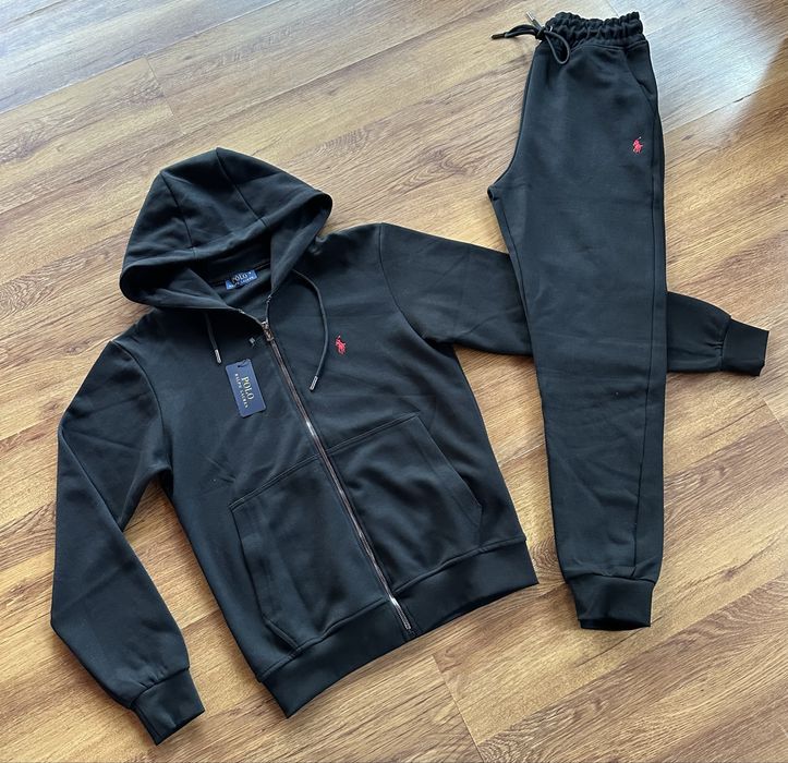 Мъжки,памучен,черен екип Ralph Polo с качулка и бродирано лого