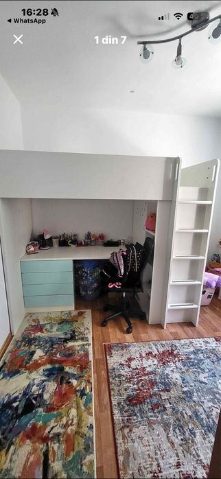 Pat  supraetajat cu birou+saltea+spațiu depozitare