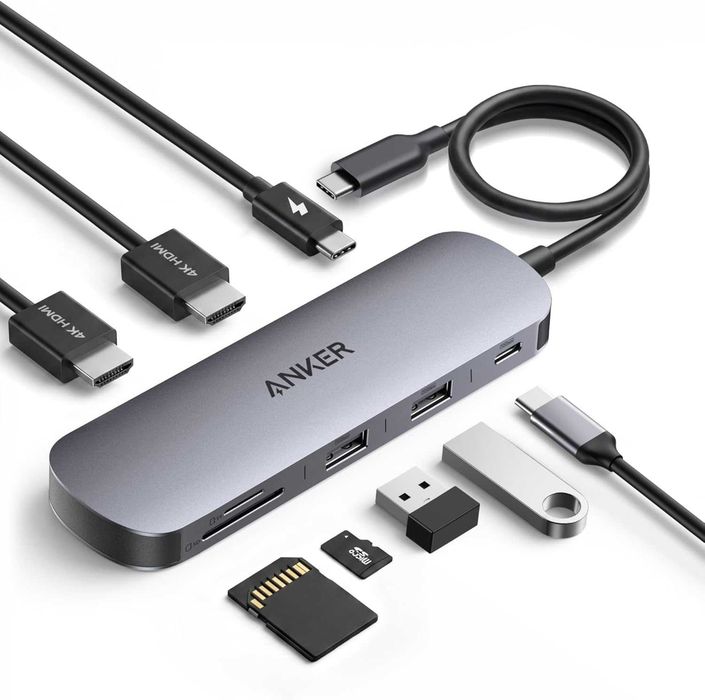 Anker Nano 8-в-1 USB C Hub, докинг станция за два монитора с 4K 60Hz HDMI медиен хъб
