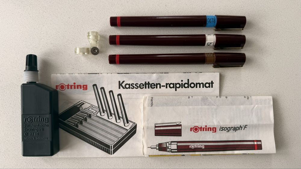 Trusa Rotring Isograph F - anii 80 - 3 stilouri: 0,25, 0,5, 0,7