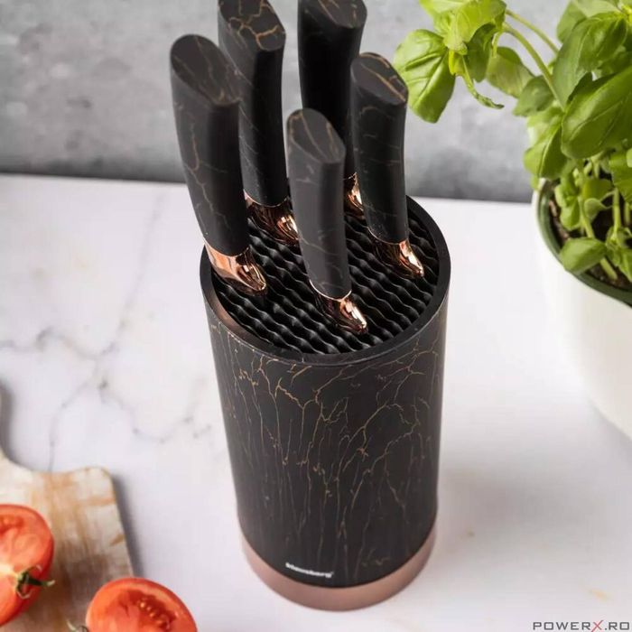 Cutite de bucatarie cu suport, set de 5, negre, cu model maro,