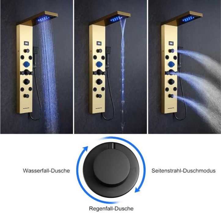 KEOKBON LED душ панел, 6 в 1 душ панели с кран от неръждаема стомана