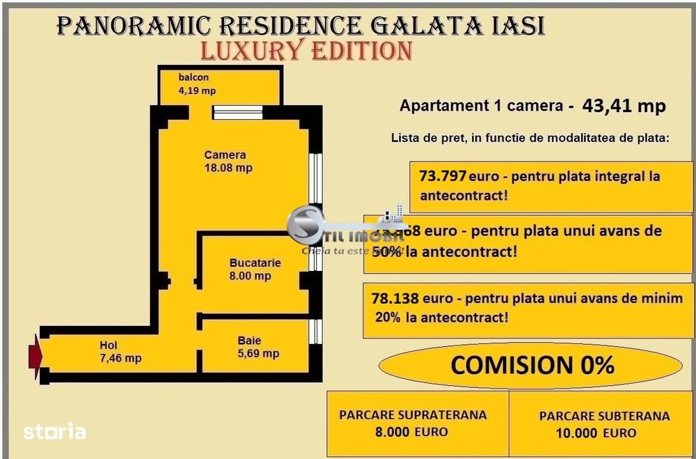 Apartament 1 camera de vanzare in Iasi, Galata, 43,41 mp, bloc nou