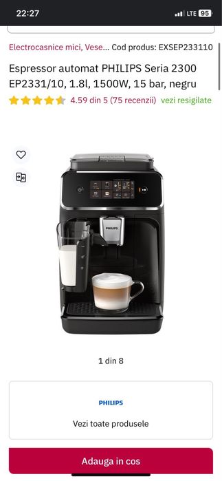 Vând Esspresor automat PHILIPS Seria 2300 EP2331/10,1.8l,1500W,15 bar,negru
