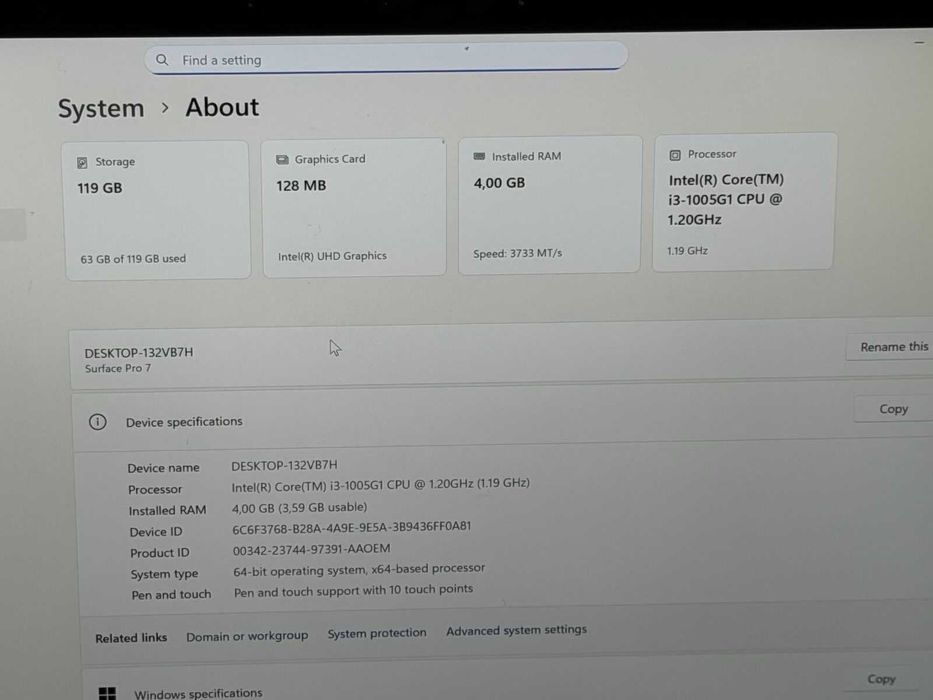 Microsoft Surface Pro 7 i3-1005G1/4RAM/128SSD/QHD Touch