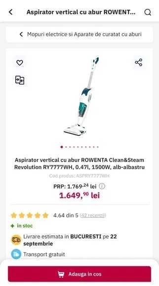 Aspirator vertical cu abur ROWENTA RY7777WH cadou Concept VP437