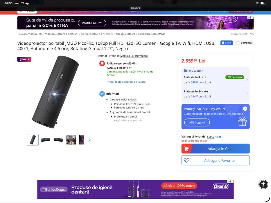 Videoproiector portabil JMGO PicoFlix, 1080p Full HD, 420 ISO Lumeni