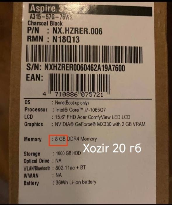 Kuchli noutbuk Acer core i7 10 pokoleniya / 20 gb RAM / SSD 256 + 1000