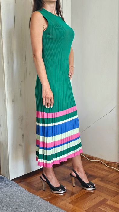 S.Oliver S M L rochie lungă verde plisată, tricot elastic, elegantă, bodycon, vară