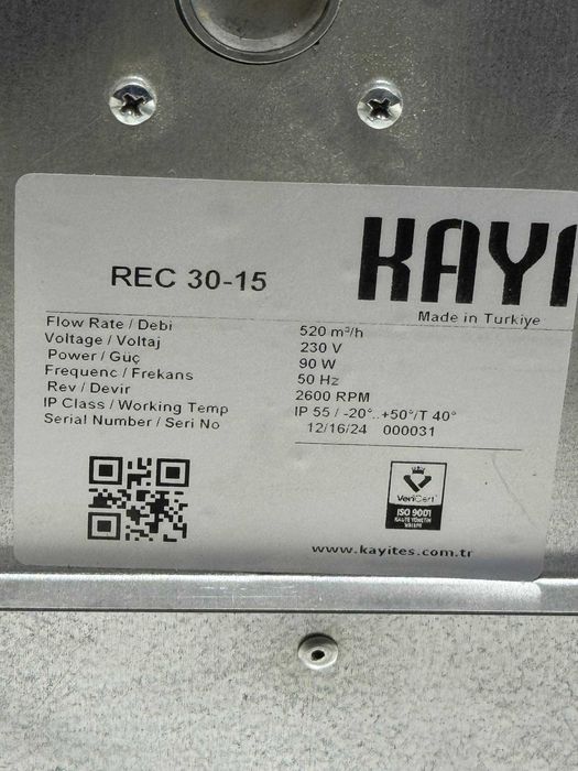 KAYI REC 30-15 dan 100-50 gacha Kanal ventilyator  1950m3 ventilatsiya
