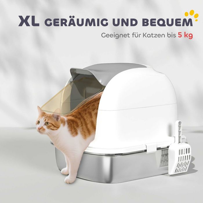 PawHut Котешка тоалетна от неръждаема стомана с капак, за котки под 5 кг, 52,4 x 41,3 x 42 см