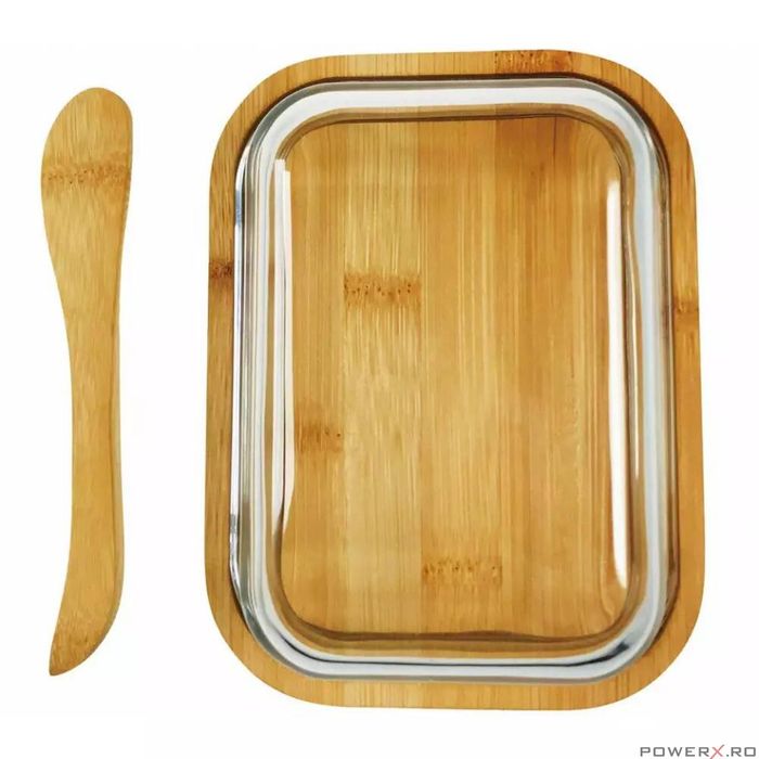 Untiera cu capac si spatula, din bambus,14x18.5x6.5cm, cutie pentru