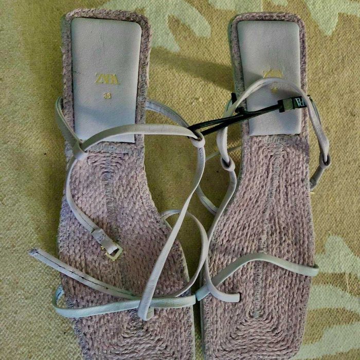 Zara sandale toc mic piele naturala mov lila rafie