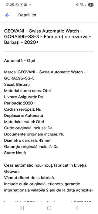 Vand ceas elvețian automatic GioVani