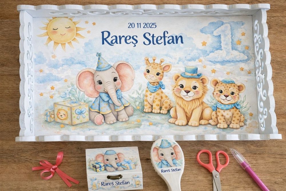 tăvițe și accesorii personalizate - set complet moț copil