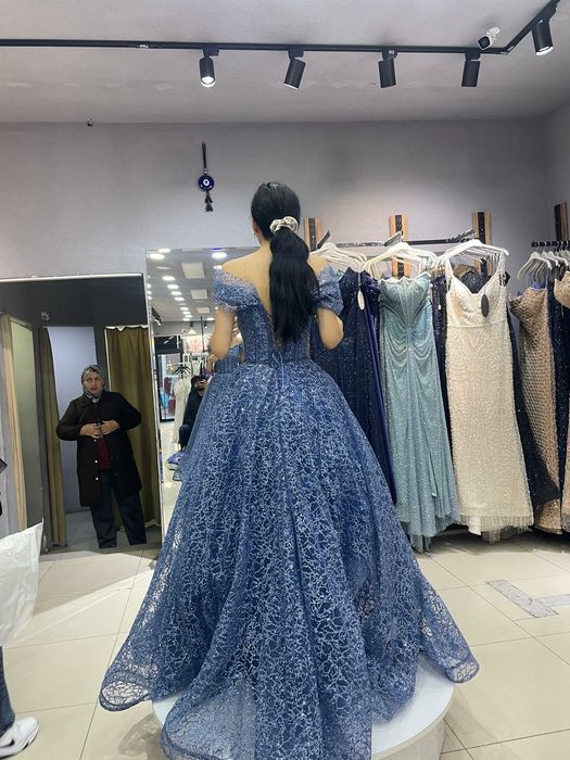 Официална бална рокля Princess стил – тъмносиня с брокат