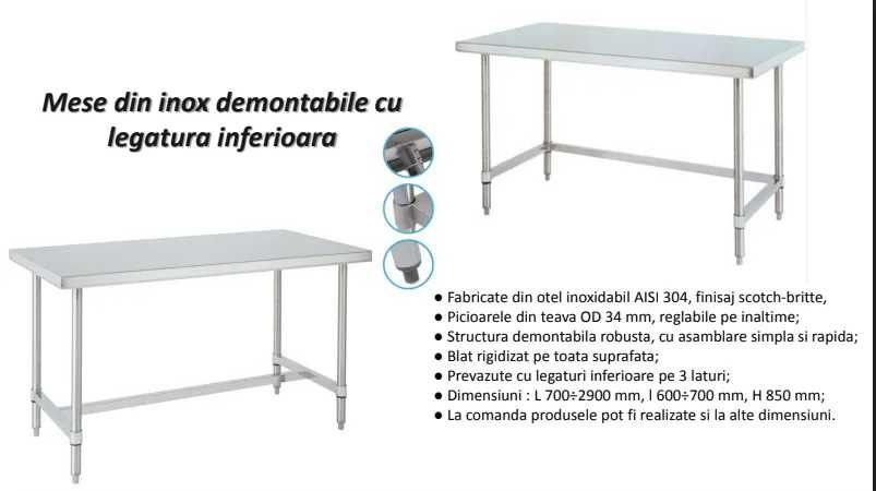 Masă din INOX 1200*600*850, AISI 304, demontabila, cu legatura inferioara NOU Garantie Livrare rapida