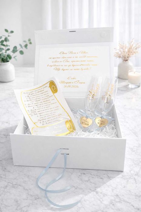 Аксесоари Подаръчни кутии за Кумове, Чаши Кум и Кума Договор за Кумове