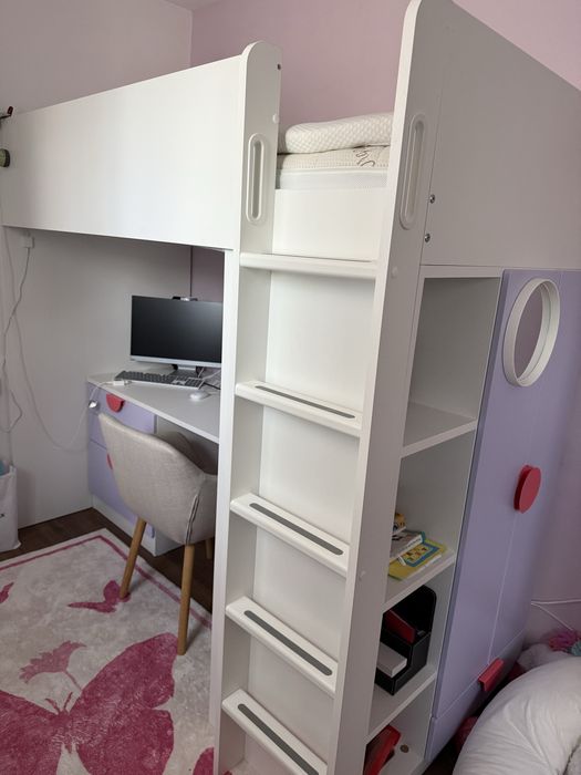 SMÅSTAD Pat supraetajat ikea, alb mov/cu birou cu 2 poliţe
