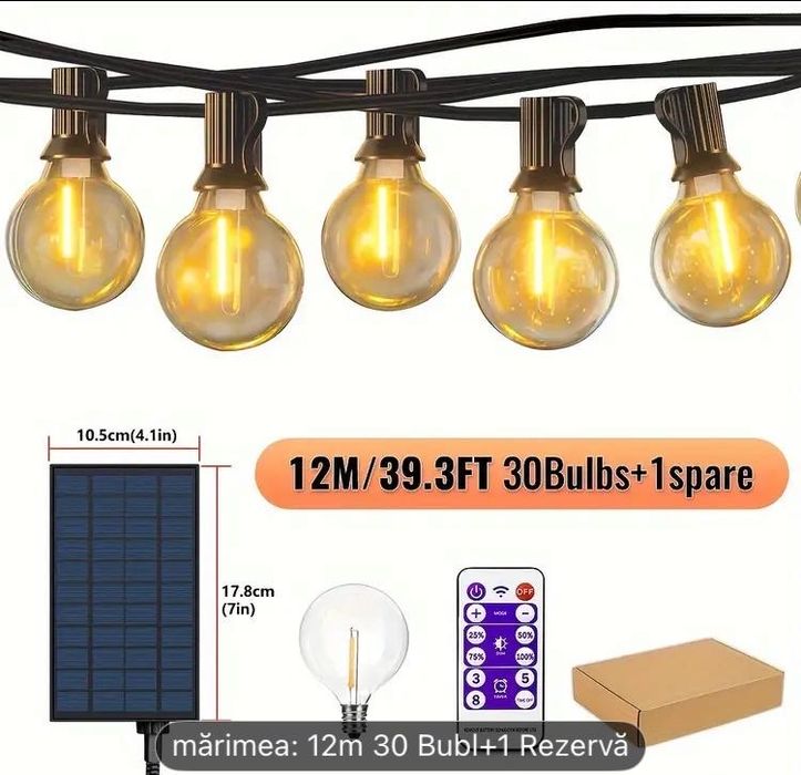 Ghirlanda Solar pe led 12m 30 becuri / led Solar cu telecomanda