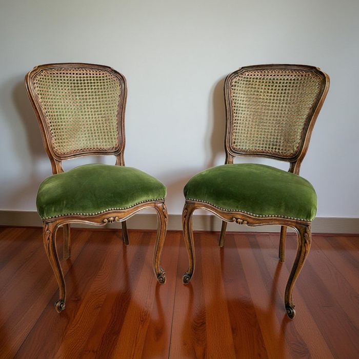 6 броя трапезни столове тъмен дъб с ратанова седалка в стил "ЛУИ XV"