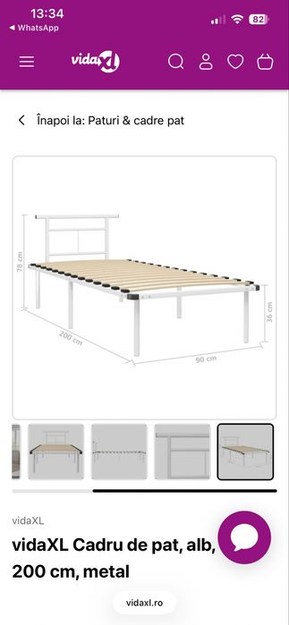 Cadru pat alb 90 x 200 cm, metal