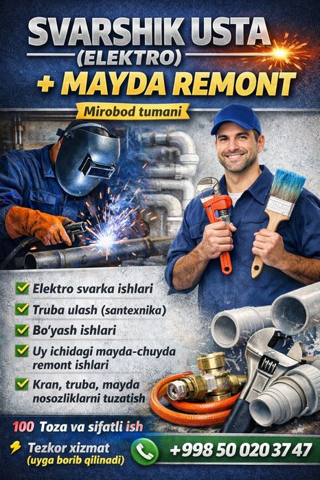 Svarshik Usta (Elektro) va Santexnik – 15 yil tajriba | Mirobod