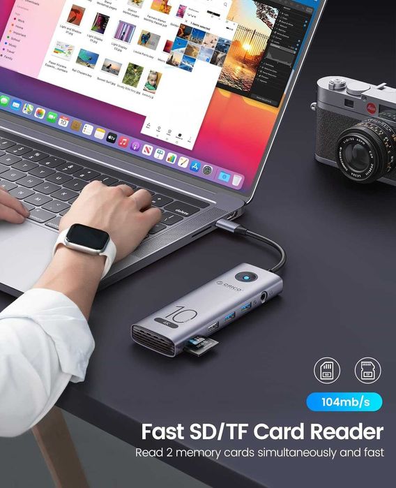 USB Hub Док станция Orico 10в1 Type-C CReader PD 100W 4K-60Hz Ethernet