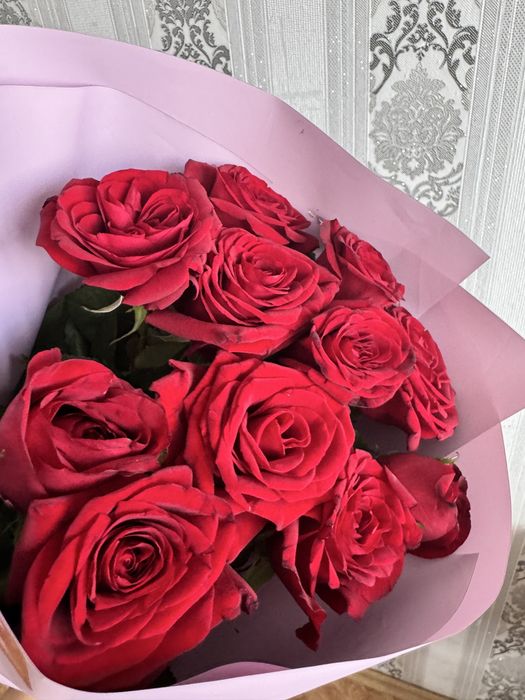 цветы красные розы,11 штук