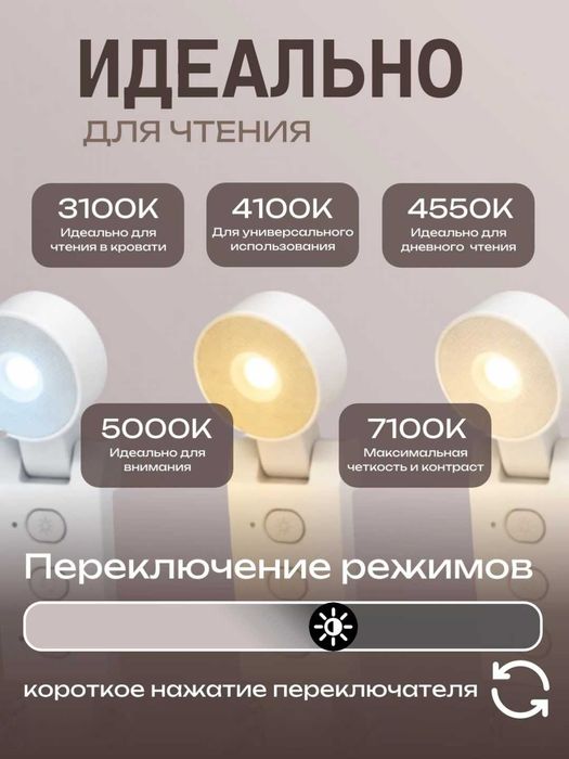 Фонарик для чтения с прищепкой, 5 режимов света, 6 уровней, 700 мА