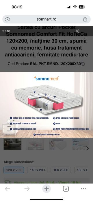 Saltea cu arcuri Pocket Somnomed Comfort Fit HoReCa 120×200, înălțime 30 cm, spumă cu memorie, husa tratament antiacarieni, fermitate mediu-tare