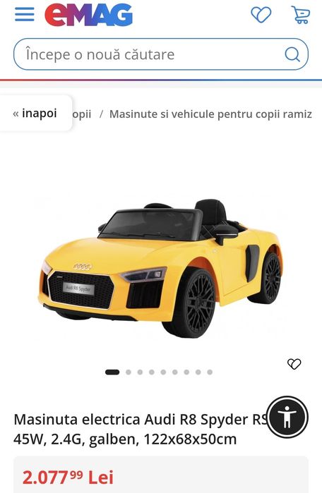 Masinuta electrica Audi R8 Spyder RS, 2 x 45W, 2.4G, galben,