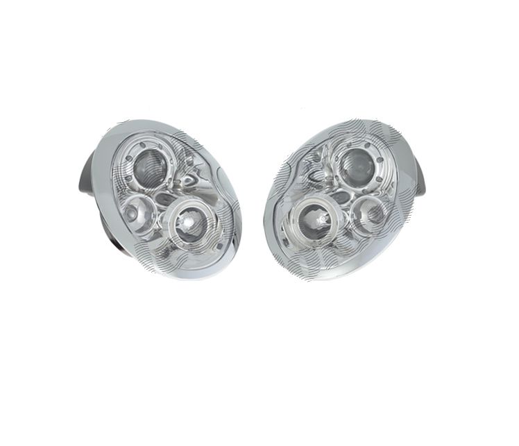 Far Mini One/Cooper/Cabrio (R50/R52/R53), 06.2001-07.2007, model tuning, montare fata, stanga+dreapta, cu lumina de parcare LED; H1+H1+LED; manual/electric; cromat, rama cromata; fara motor; tuning; halogen