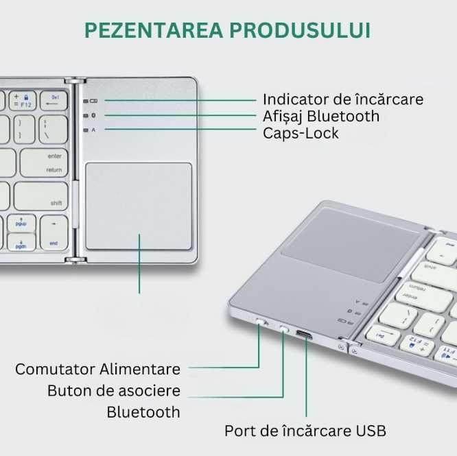 Tastatura pliabila Bluetooth, Portabila, subtire, Touchpad 2 click-uri