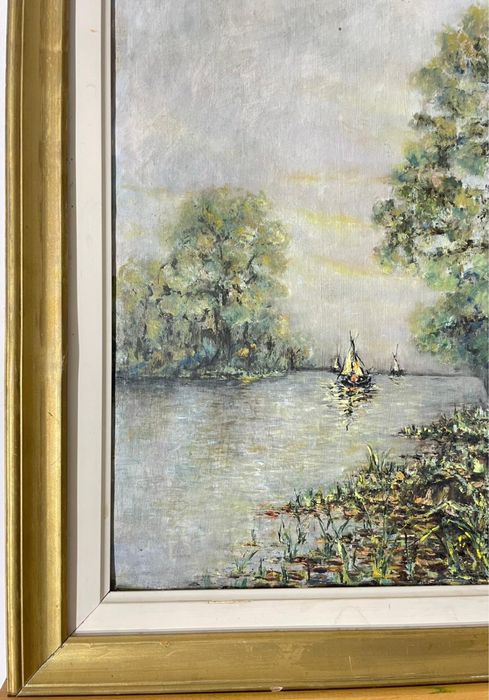 Tablou Original, Peisaj Fluvial cu Vele, Semnat, Ulei pe Pânză