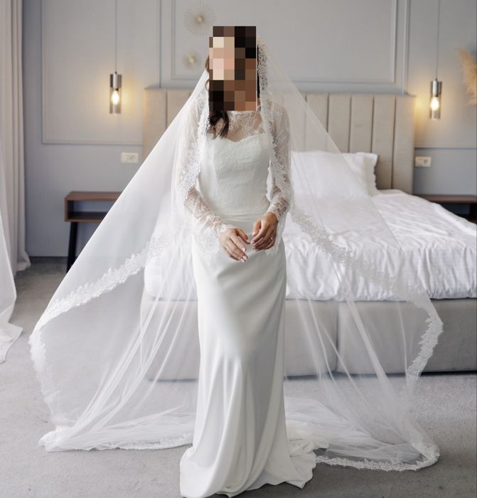 Rochie de mireasă din mătase naturală, cu voal Chantilly de 2,5 m