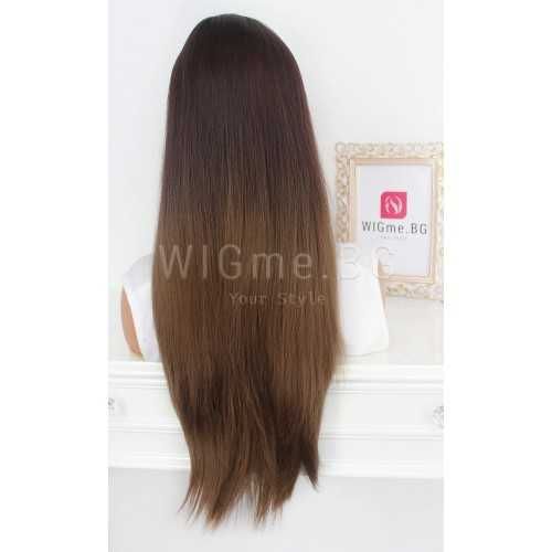 Дълга права шоколадово кафява перука с бретон Наоми