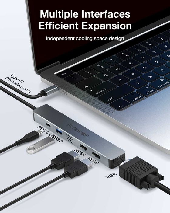 Hub USB-C 5in1 BlitzWolf - Dual HDMI 4K, VGA, USB 3.0, PD 100W