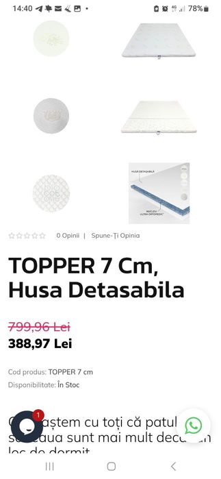 Vand topper (saltea superioara), 150x190x7cm, husa detasabila