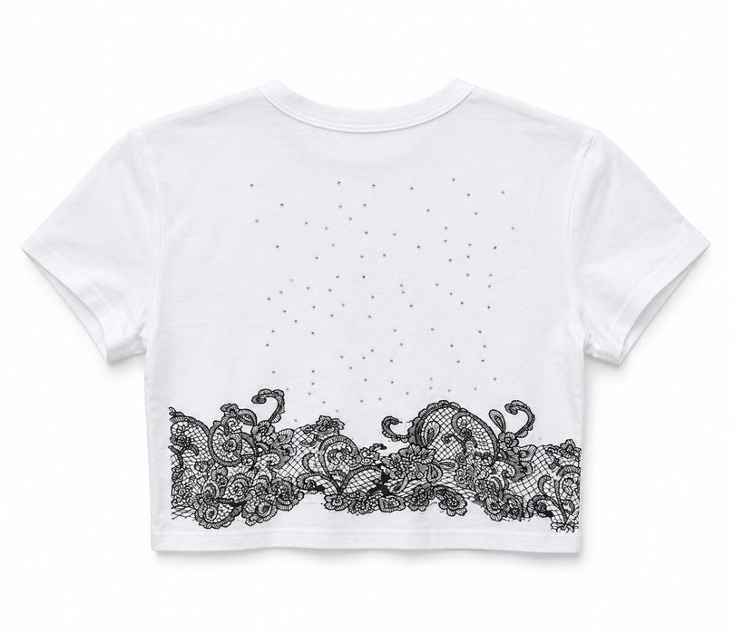 Дамска cropped тениска Lace Style с дантелен принт и камъчета