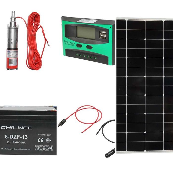 Kit complet pompa apa 24V, 1.5 mc/h + panou fotovoltaic 250w + controler 20Ah + doua baterii 12V/18Ah